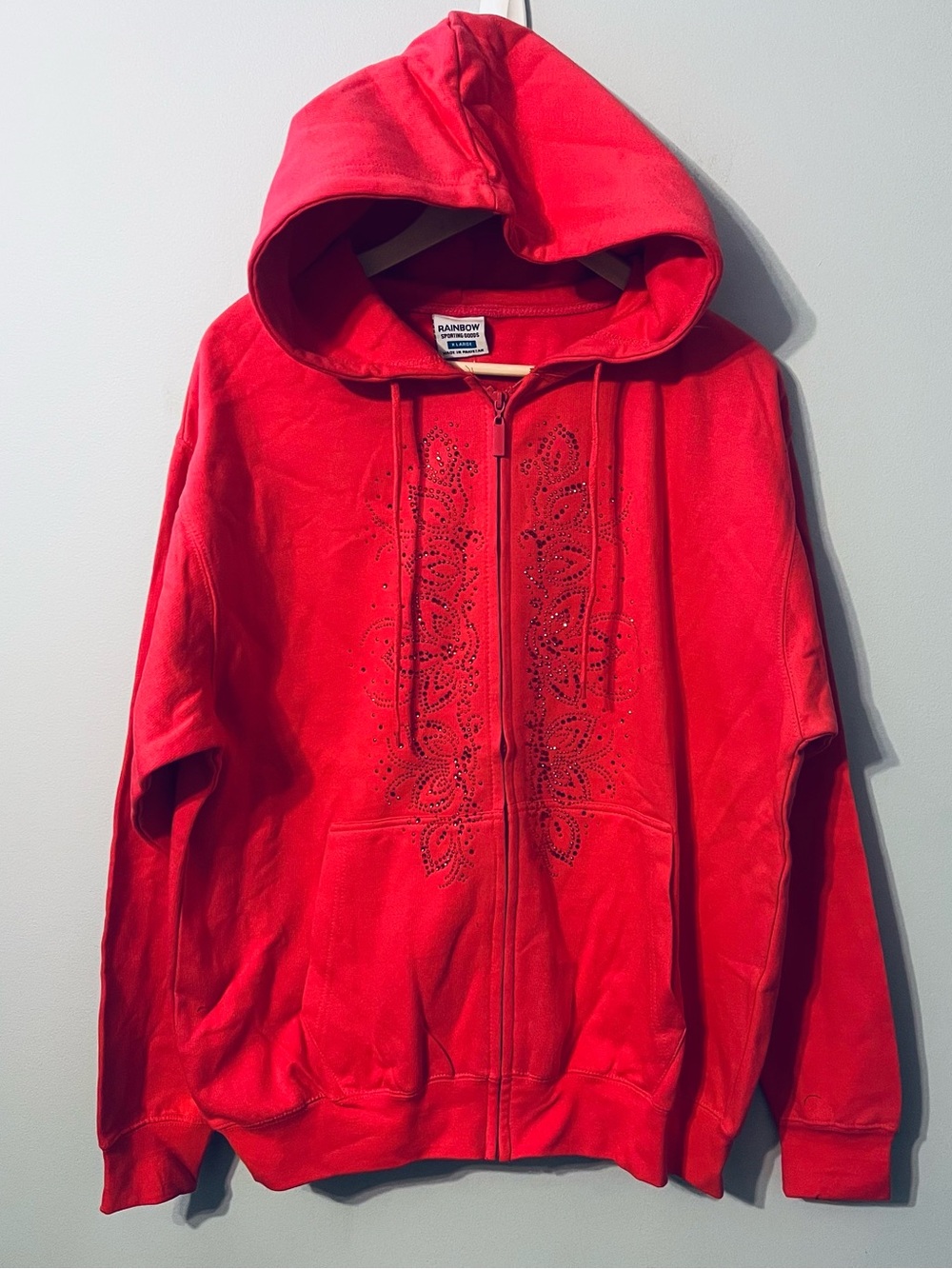 Rhinestone Embellished Full Zip Hoodie Women’s XL Coral Raspberry Sweatshirt NEW